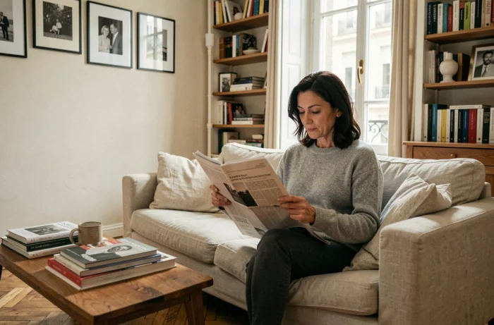 Femme élégante lisant un journal dans un appartement parisien chaleureux et raffiné, évoquant la vie privée et l'intimité du foyer