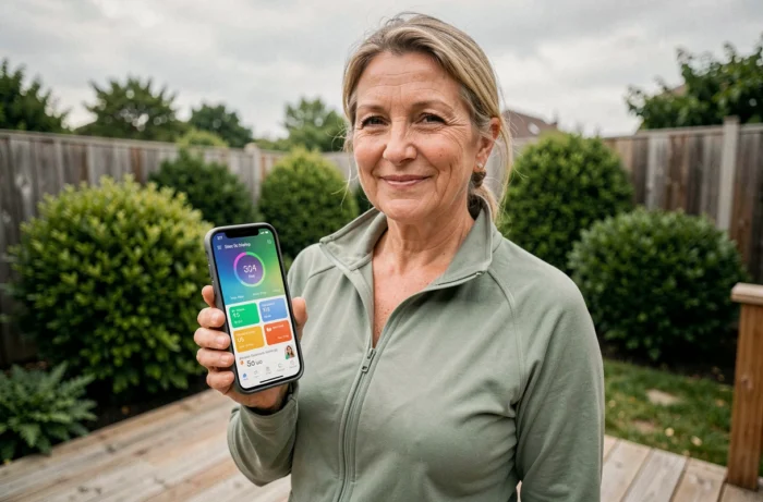 Femme mature utilisant un outil santé numérique sur smartphone en extérieur pour suivre son bien-être quotidien