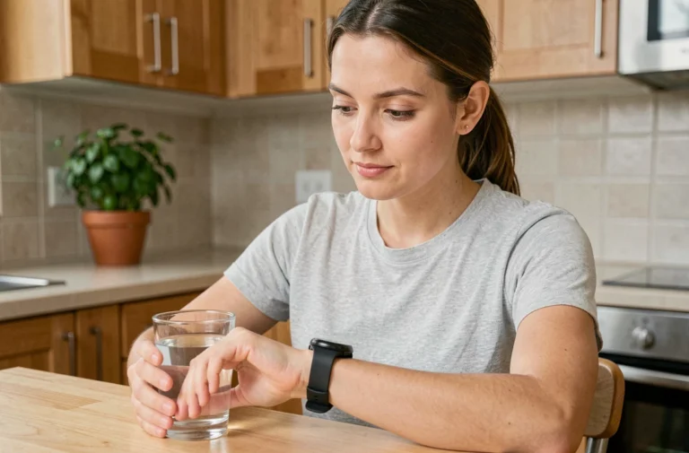 Femme consultant son application santé sur une montre connectée dans sa cuisine, illustration du suivi bien-être au quotidien