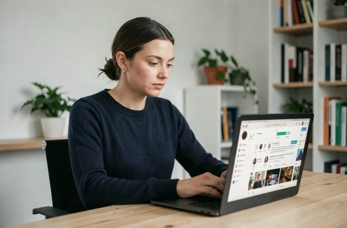 Femme naviguant anonymement sur Twitter depuis un bureau à domicile avec une interface de confidentialité visible sur ordinateur portable