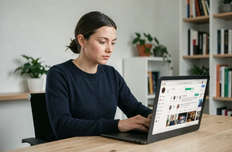 Femme naviguant anonymement sur Twitter depuis un bureau à domicile avec une interface de confidentialité visible sur ordinateur portable