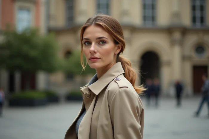 Femme élégante dans une place urbaine en automne, évoquant une personnalité publique dont on recherche l'âge et l'origine