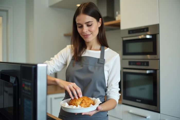 Femme plaçant un cordon bleu sur un plat adapté au micro-ondes dans une cuisine moderne, prête à démarrer la cuisson