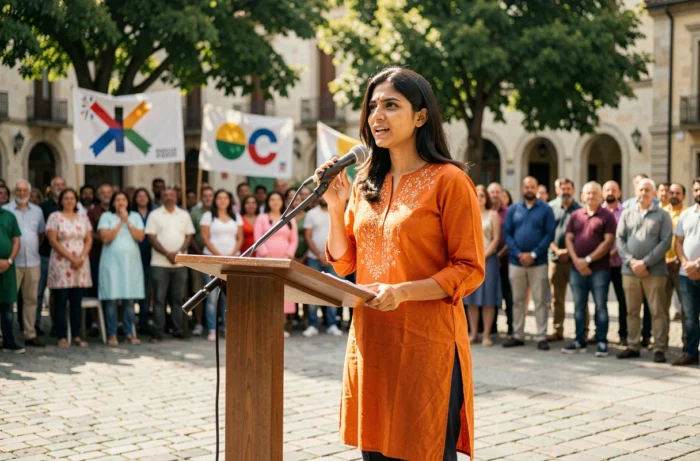 Jeune femme d'origine sud-asiatique prenant la parole à un podium en plein air lors d'un rassemblement pour l'émancipation des femmes
