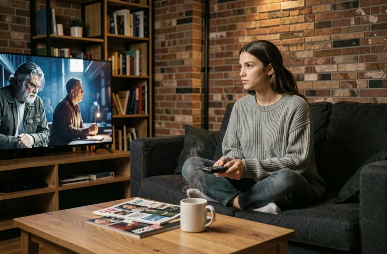 Jeune femme regardant une série télévisée avec attention dans un salon moderne et cosy