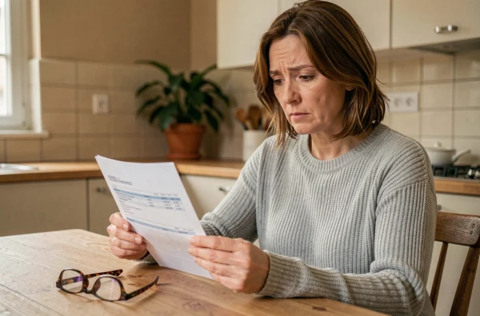 Femme examinant un relevé bancaire à la maison pour comprendre un prélèvement CRCAM