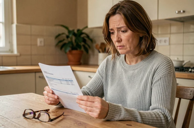 Femme examinant un relevé bancaire à la maison pour comprendre un prélèvement CRCAM