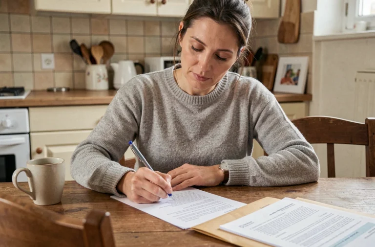 Femme remplissant une attestation de loyer pour la CAF à une table de cuisine
