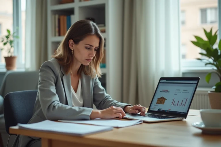 Femme sceptique consultant une estimation immobilière en ligne sur un ordinateur portable dans un bureau à domicile