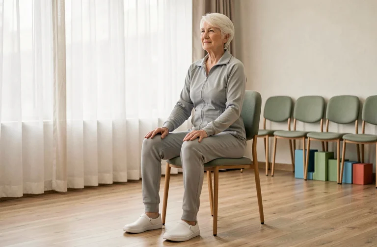 Femme de 80 ans faisant un exercice de gym douce assise sur une chaise dans une salle de fitness lumineuse