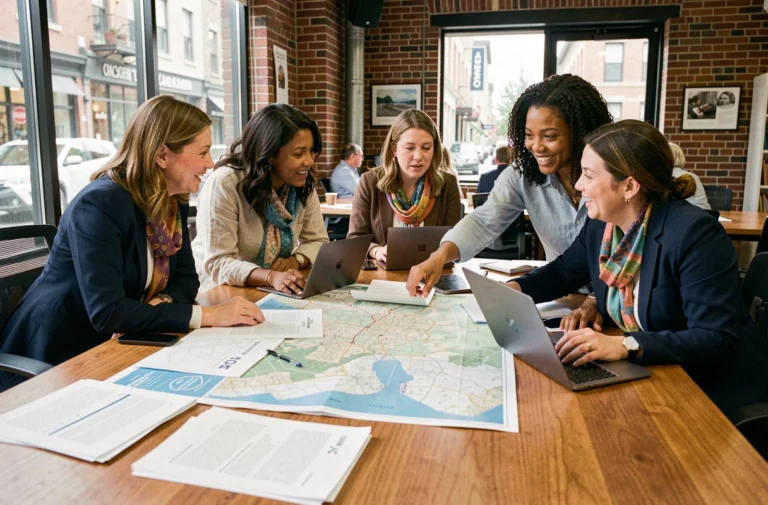 Groupe de femmes de différentes origines réunies autour d'une table pour travailler sur des projets d'égalité des droits dans un bureau d'ONG moderne