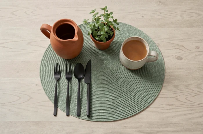 Flat-lay de la table de cuisine avec des accessoires tendance incluant une carafe en terre cuite, set de table tissé vert sauge, couverts noirs mats et plante aromatique en pot