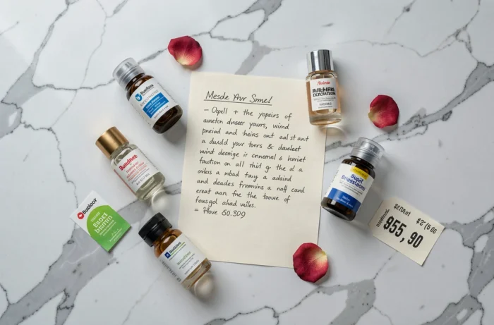 Flat lay de flacons de parfum pas chers sur marbre blanc avec notes de comparaison pour trouver un dupe parfum