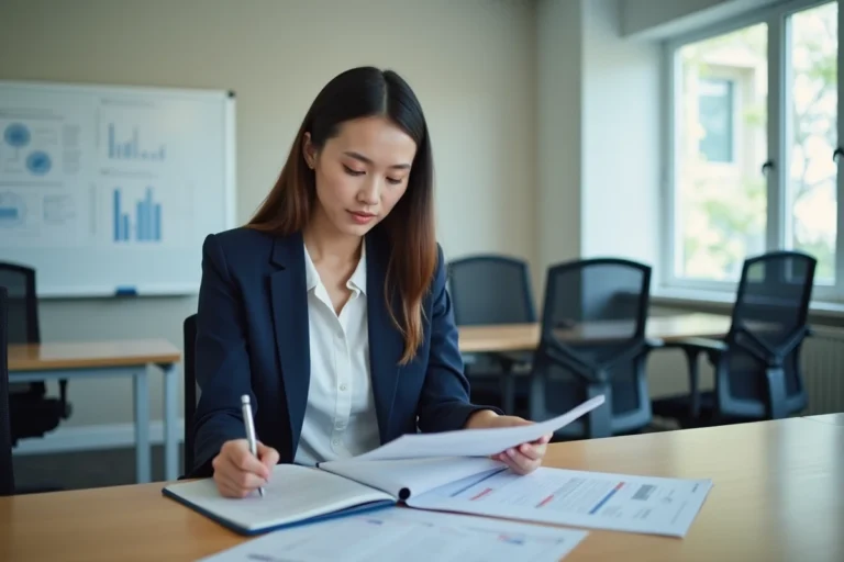 Jeune femme en blazer marine prenant des notes lors d'une formation professionnelle Sesam ICP dans une salle de séminaire moderne