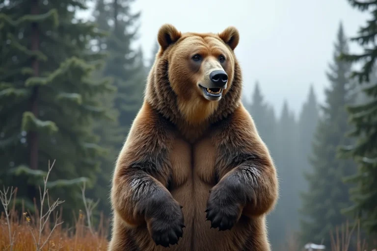 Grizzly d'Amérique du Nord debout sur ses pattes arrière dans une forêt de conifères enneigée, montrant sa taille impressionnante