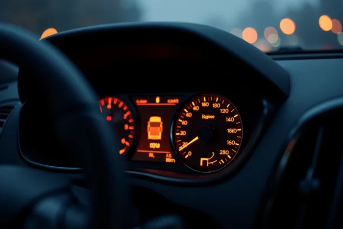 Gros plan sur les voyants orange allumés du tableau de bord numérique d'un Peugeot 3008 de nuit