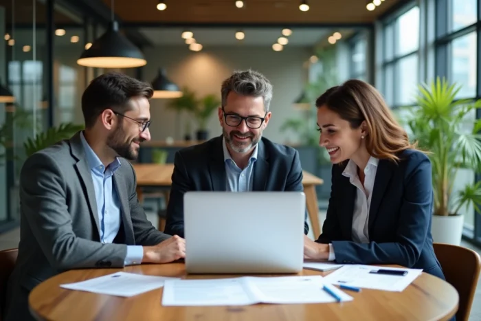 Groupe de professionnels adultes collaborant autour de documents de certification lors d'une session de formation Sesam ICP en espace de coworking
