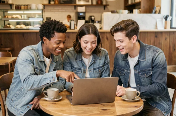 Groupe de jeunes adultes discutant d'une stratégie pour gagner des abonnés Instagram gratuitement autour d'un ordinateur portable dans un café