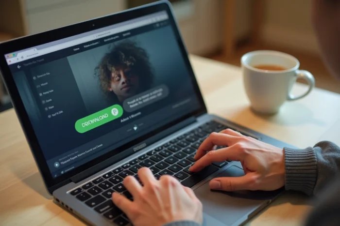 Mains hésitant avant de cliquer sur un bouton de téléchargement de musique en ligne, symbolisant le doute sur la légalité du téléchargement gratuit