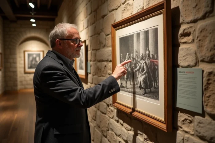 Historien en musée étudiant une gravure ancienne représentant une scène judiciaire médiévale