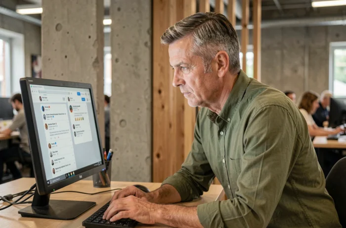 Homme consultant une alternative à Twitter sans publicité sur ordinateur dans un espace de coworking moderne
