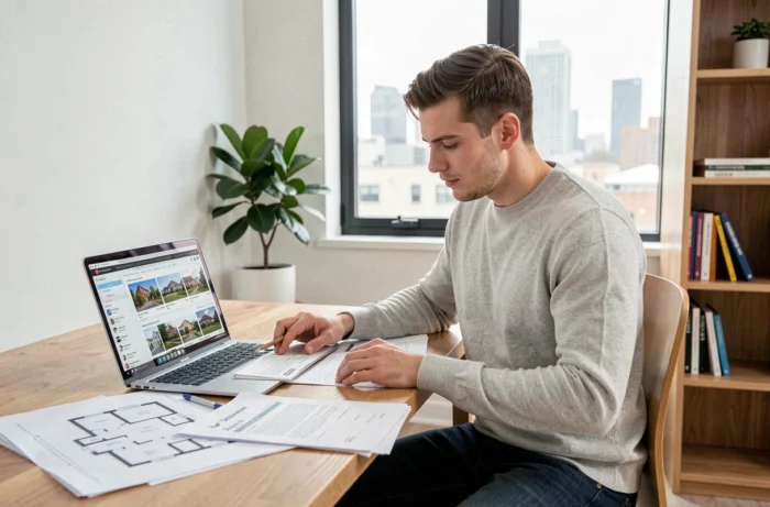 Jeune homme analysant des documents immobiliers et des plans d'appartement dans un bureau moderne