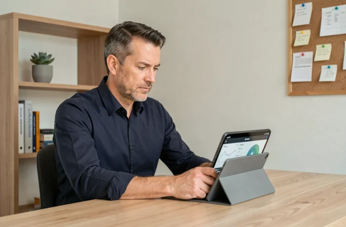 Homme consultant un outil de suivi santé sur tablette dans un bureau à domicile, gestion du bien-être numérique