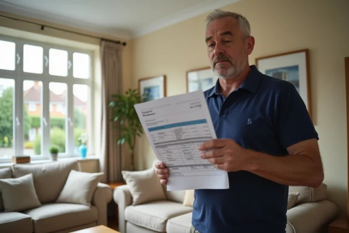 Homme comparant une estimation immobilière imprimée avec une évaluation en ligne sur tablette dans un salon