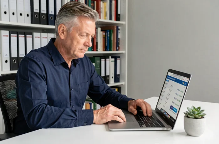 Homme consultant ses opérations bancaires en ligne pour identifier un prélèvement CRCAM