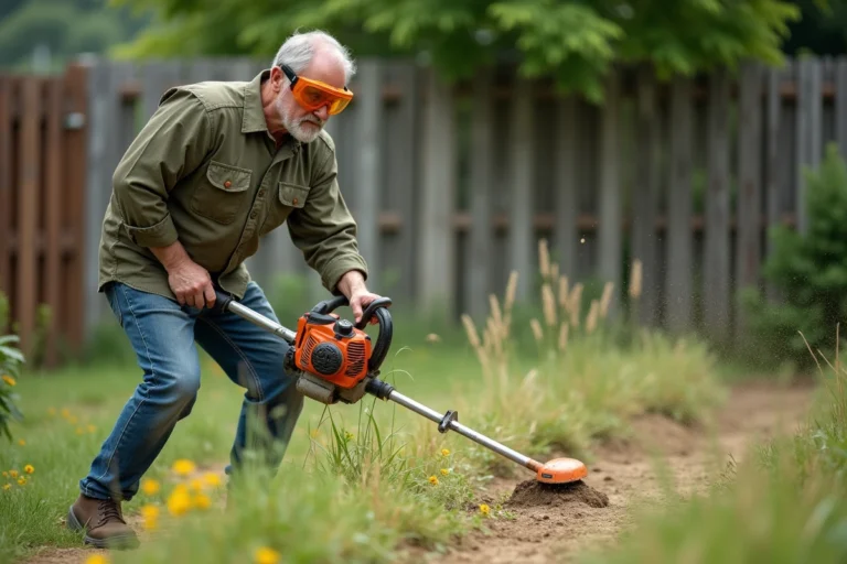 Homme utilisant une débroussailleuse thermique à tige droite pour désherber les bordures d'un jardin en été