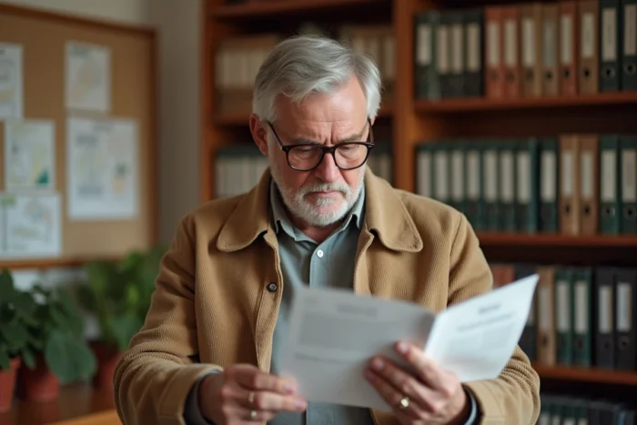 Un homme lit attentivement les informations officielles pour faire une demande de jardin familial