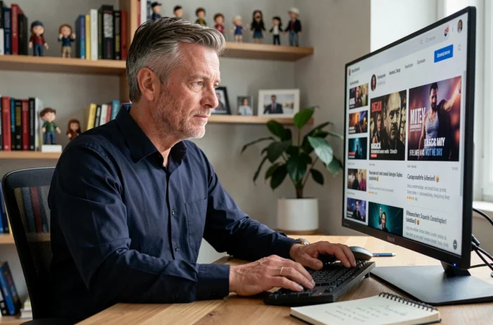 Homme consultant une plateforme de streaming pour découvrir les tendances des séries TV dans un bureau à domicile