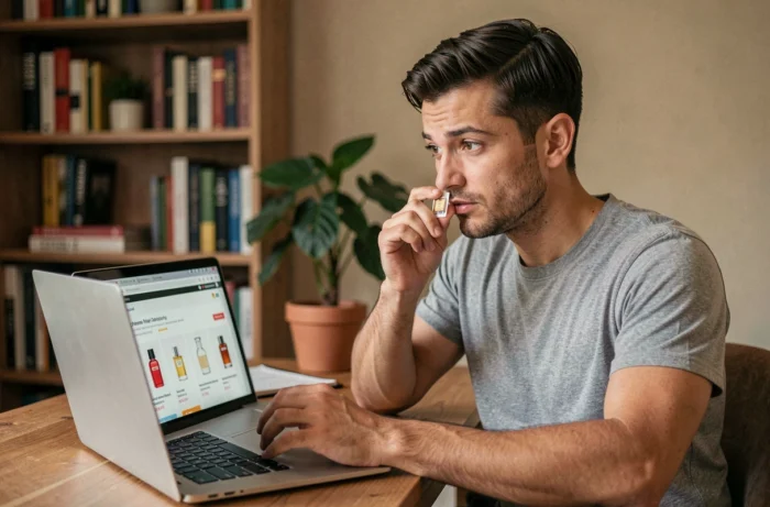 Homme testant une bandelette de parfum tout en recherchant un dupe de parfum sur son ordinateur portable