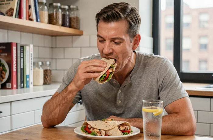 Homme mangeant un wrap complet au poulet grillé et légumes dans une cuisine urbaine moderne