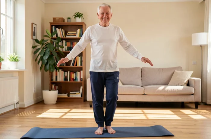 Homme senior de 80 ans pratiquant des exercices d'équilibre debout sur un tapis de yoga dans un salon chaleureux