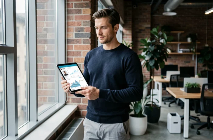 Homme consultant des statistiques de croissance de followers Instagram sur une tablette dans un espace de co-working moderne