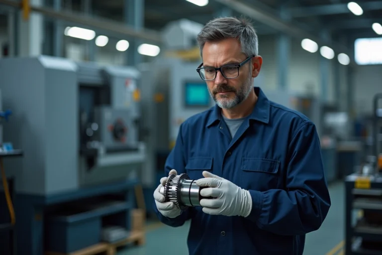 Ingénieur mécanicien inspectant un engrenage usiné dans un atelier industriel moderne