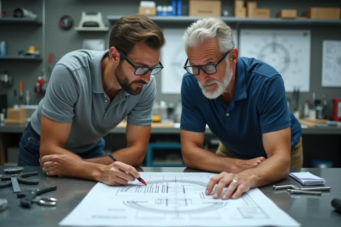 Deux ingénieurs mécaniciens analysant des plans techniques dans un laboratoire de R&D