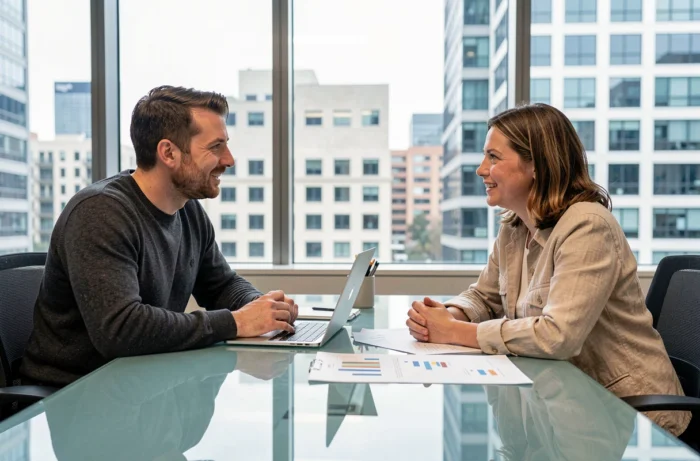 Deux collègues innovateur et novateur en discussion animée autour d'une table en verre dans un espace de coworking contemporain