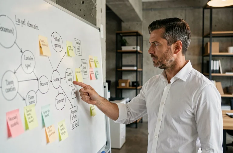 Homme innovateur en chemise blanche analysant un tableau de concepts dans un bureau moderne avec mur en béton