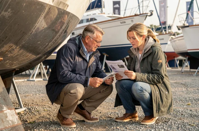 Couple inspectant un voilier en acier d'occasion lors d'un salon nautique, examen de la coque et des documents