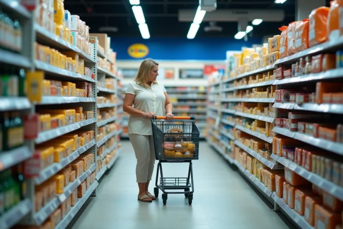 Intérieur d'un supermarché Lidl avec une cliente qui fait ses courses en Corse