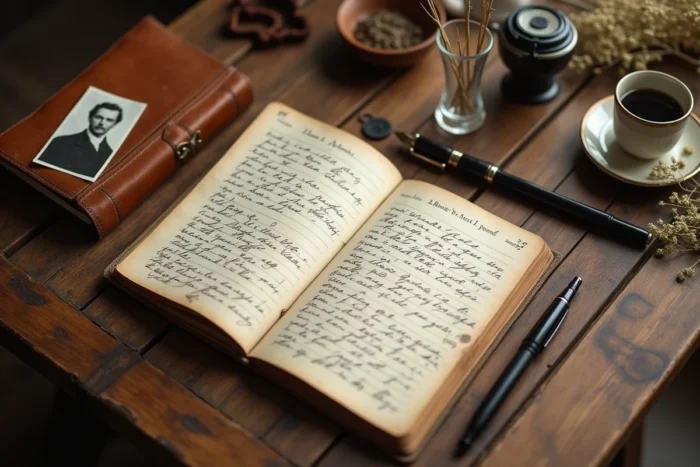 Flat-lay d'un journal vintage avec dates manuscrites et photo ancienne, symbolisant la recherche d'une date de naissance et d'un âge