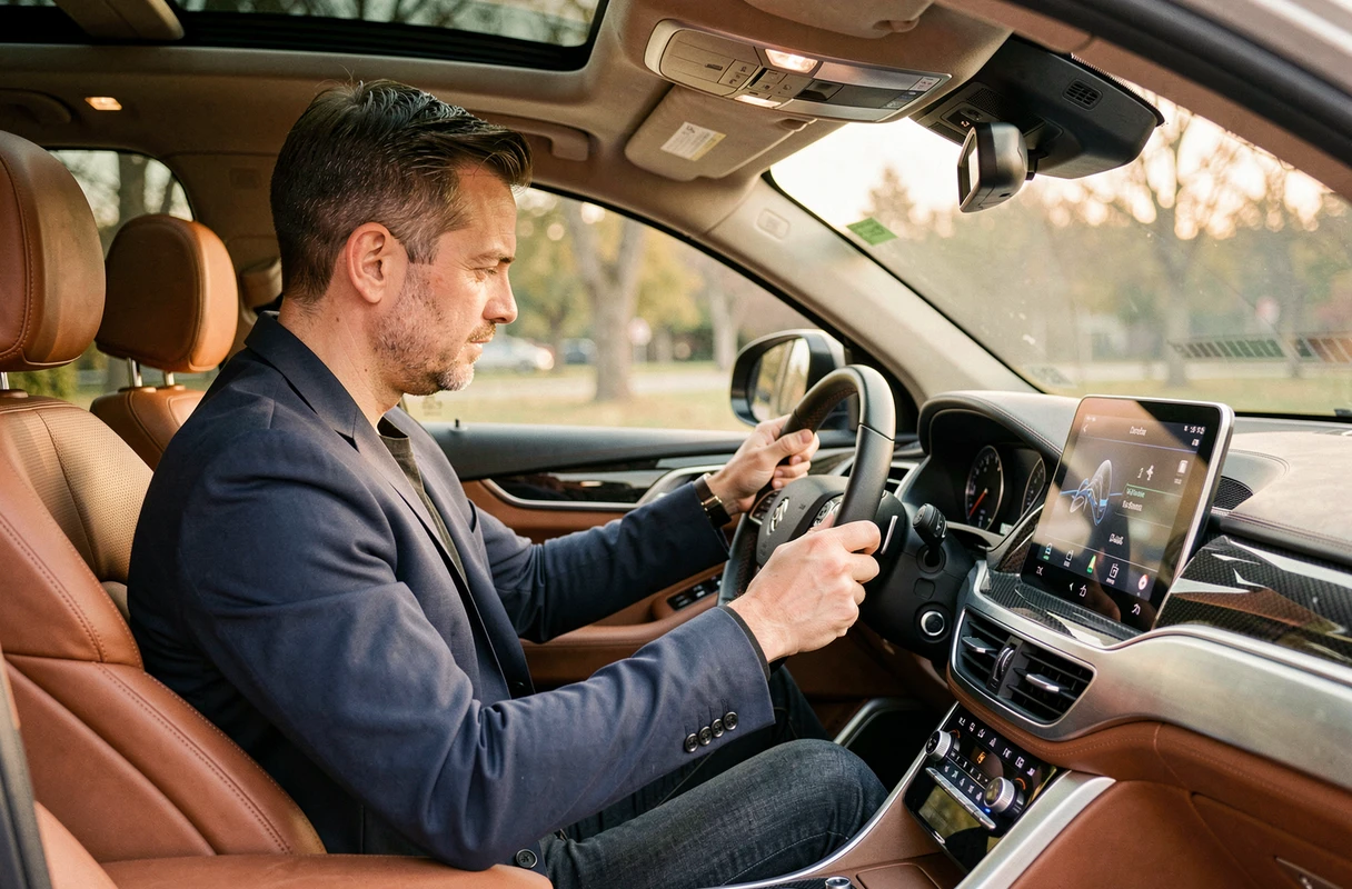 Journaliste automobile au volant d'un SUV haut de gamme, tableau de bord numérique et intérieur en cuir