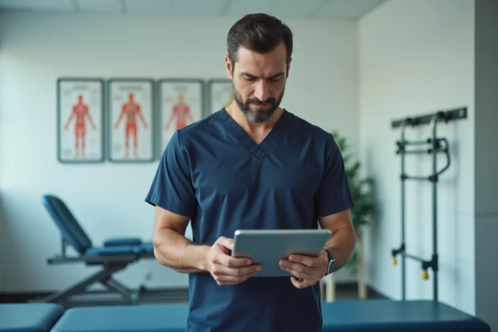Kinésithérapeute masculin consultant une plateforme santé professionnelle sur tablette dans un cabinet de rééducation moderne