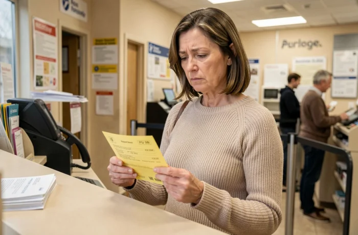 Femme tenant un avis de passage de lettre recommandée 2C dans un bureau de poste français