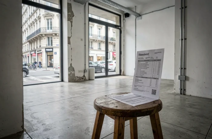 Local commercial vide avec un bail commercial posé sur un tabouret, illustrant la location d'un fonds de commerce