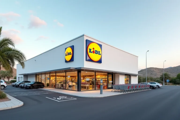 Façade extérieure d'un magasin Lidl en Corse du Sud avec palmiers et parking