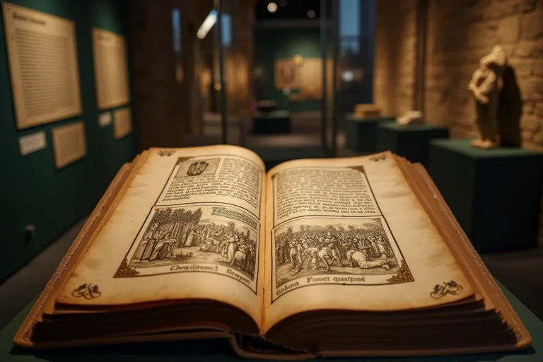 Manuscrit médiéval enluminé exposé dans une vitrine de musée illustrant des scènes judiciaires du Moyen Âge