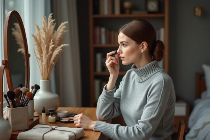 Femme se maquillant devant un miroir vintage sur une coiffeuse en bois, astuce beauté maquillage quotidien